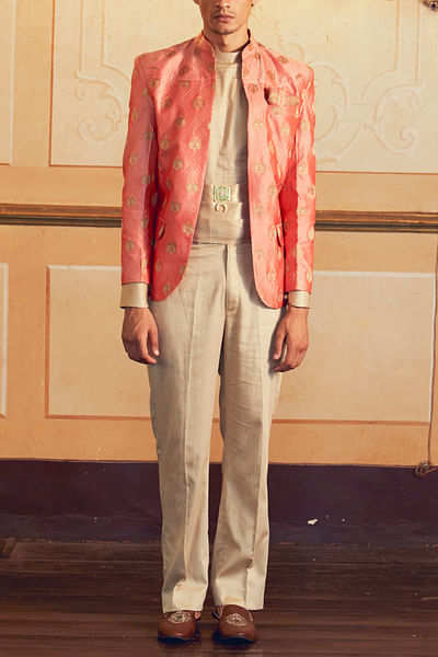 Coral floral jacquard banarasi jacket set