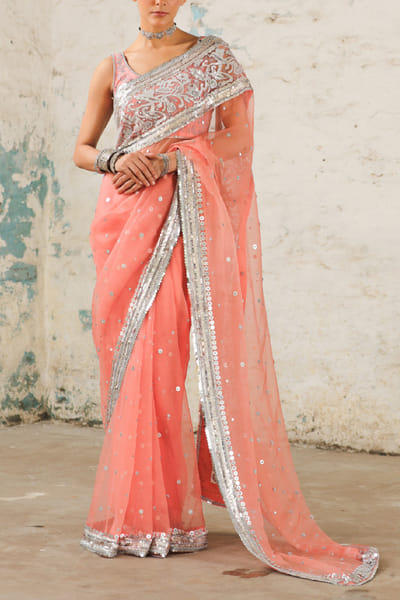 Coral floral metallic appliqued sari set