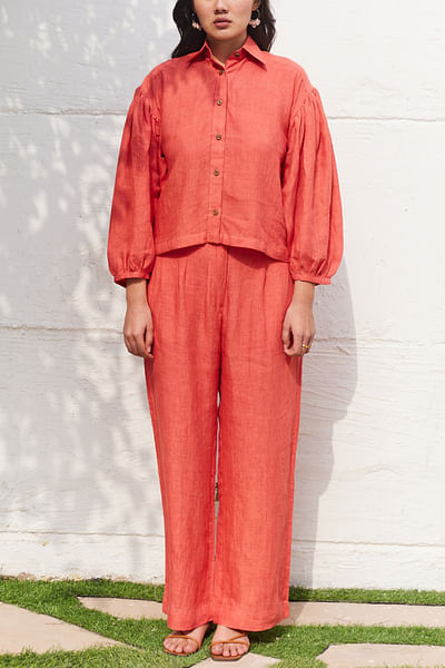 Coral gathered linen shirt