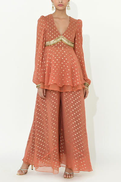 Coral metallic detail sharara set