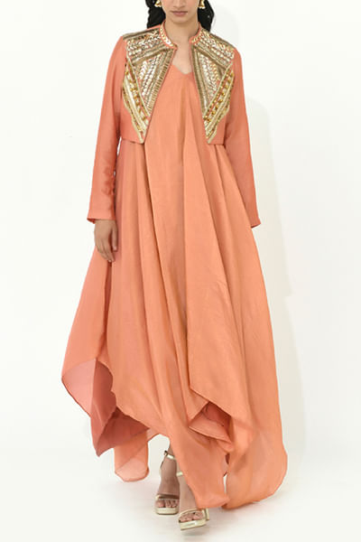 Coral metallic work jacket and draped dress
