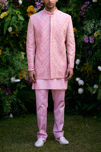 Coral pink embroidered bandhgala set