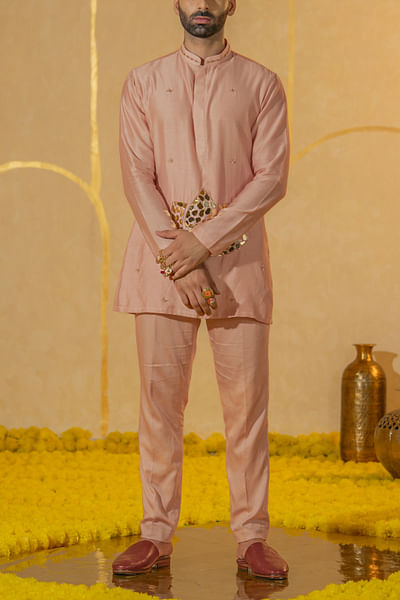 Coral pink mosaic lotus motif kurta set