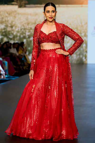 Coral red floral print sequin lehenga set