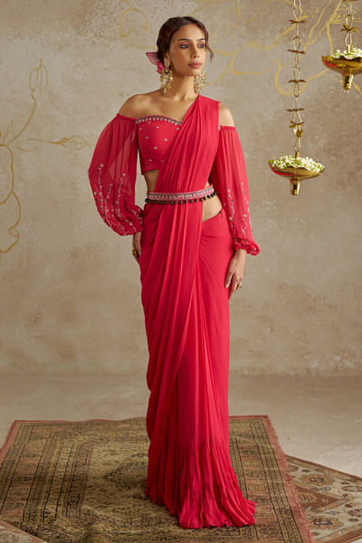 Coral red pre-draped sari set