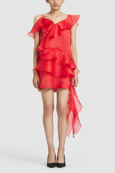 Gauri and Nainika Coral ruffled shift dress GAUJAN25D14123