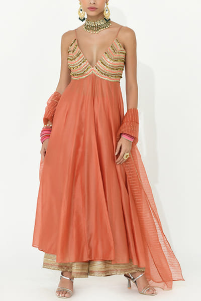 Coral sequin embroidered anarkali set