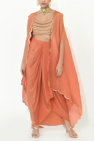 Coral sequin embroidered cape and skirt set