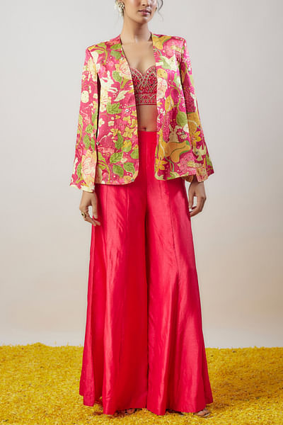 Cranberry floral printed cape blazer set