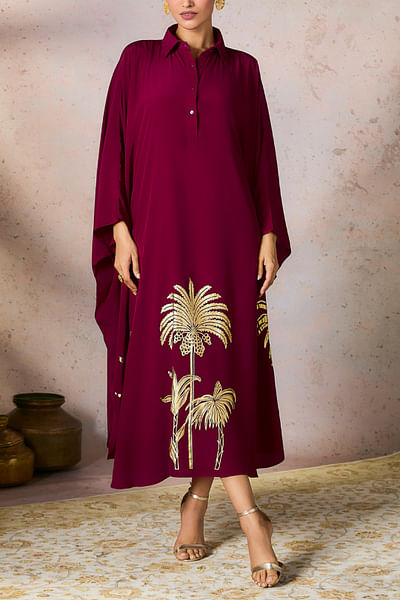 Cranberry palm tree foil printed kaftan