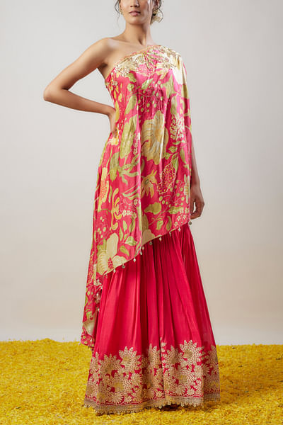 Cranberry printed one-shoulder top and sharara