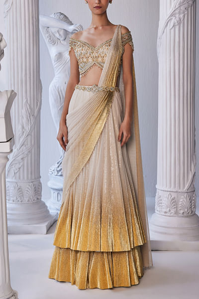 Cream and gold ombre layered lehenga sari set
