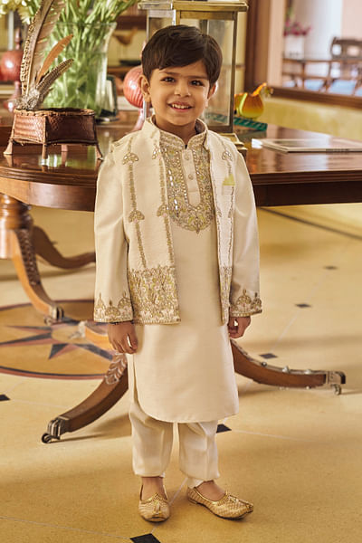 Cream and gold zari embroidery bandi kurta set