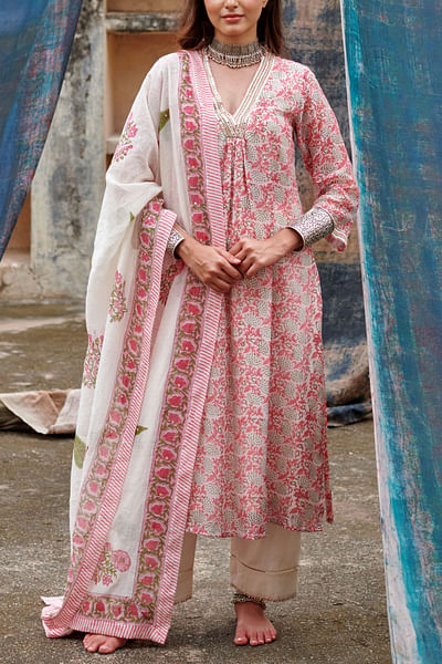 Cream and light red floral printed kurta set