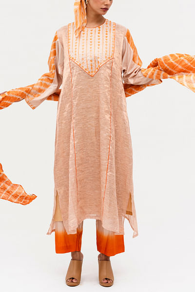 Cream and orange mirror embroidery kurta set