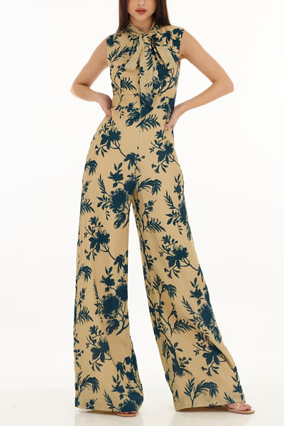 Cream and teal floral print jumpsuit