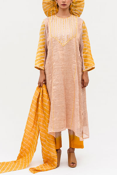 Cream and yellow mirror embroidery kurta set