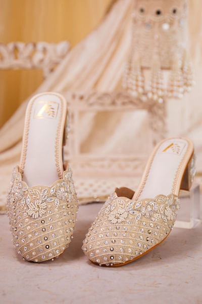 Cream check pearl embroidered mule heels