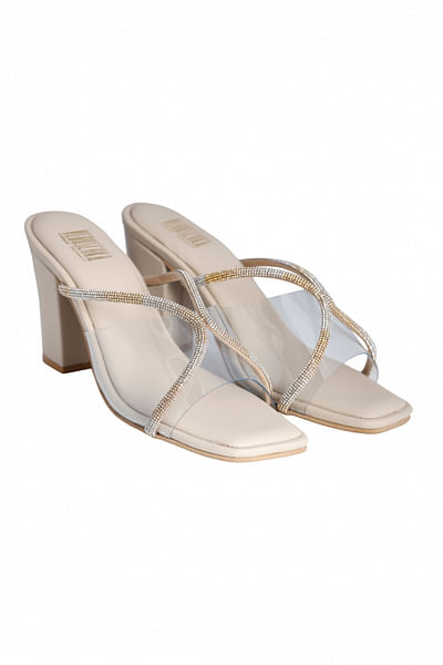 Cream diamante embellished block heels