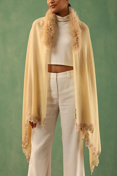 Cream embellished fur cashmere wool stole