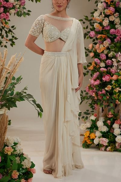 Cream embellished ruffle pre-drape sari set