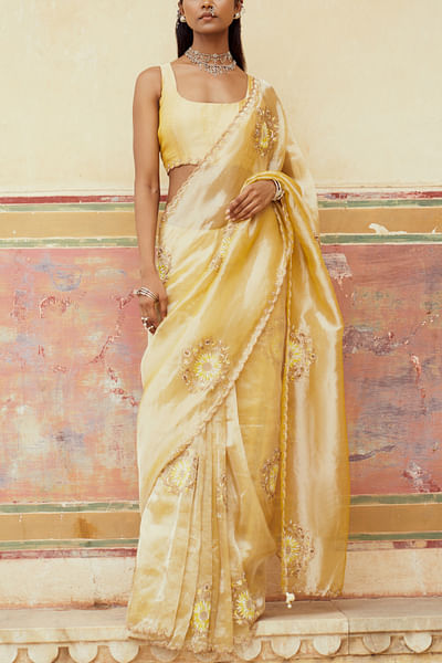 Cream embroidered sari set