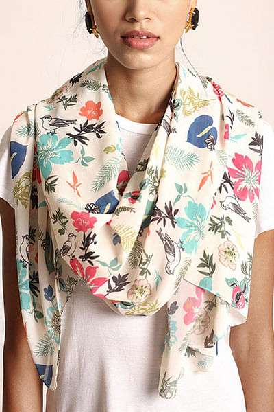 Cream floral and leaf printed scarf