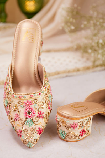 Cream floral embroidered mule heels