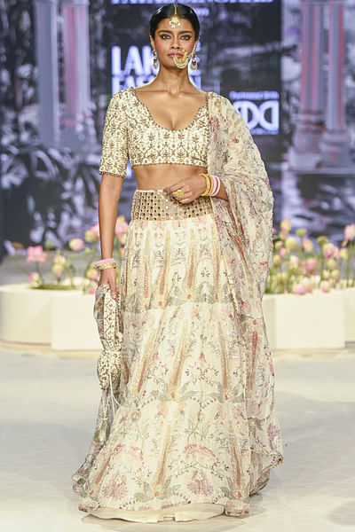 Cream floral printed embroidered lehenga set