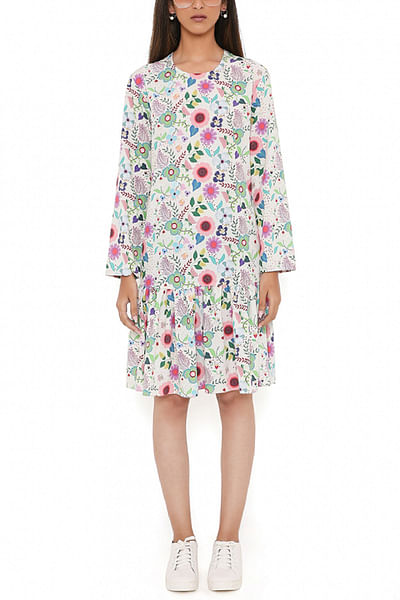 Cream floral printed frilled dress