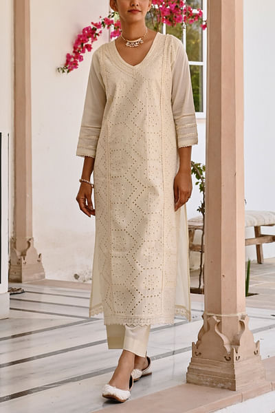 Cream geometric schiffli kurta set