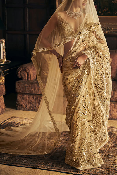 Cream gold paisley mirror embroidery sari set