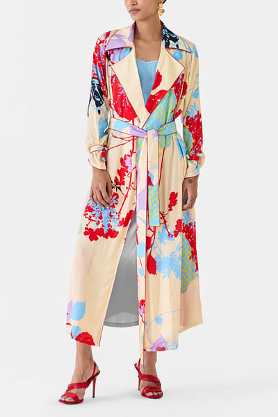 Cream ikigai printed trench coat