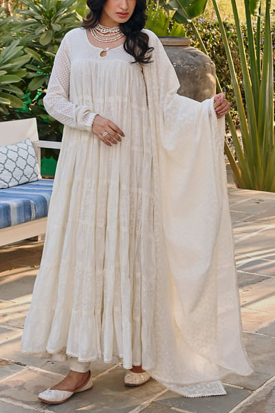 Cream polka and floral print tiered anarkali set
