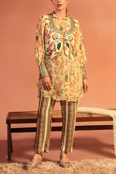 Cream printed embroidered kurta set