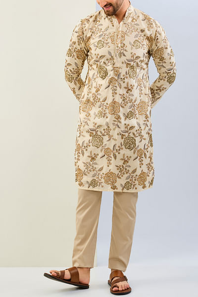 Cream rose embroidered kurta set
