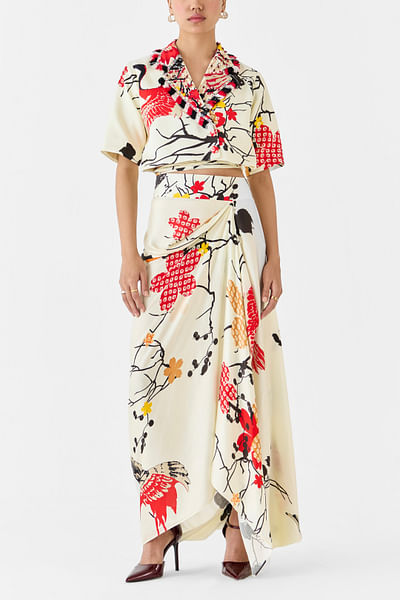 Cream shibori and bird print co-ords
