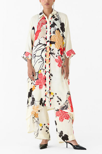 Cream shibori and bird printed co-ords