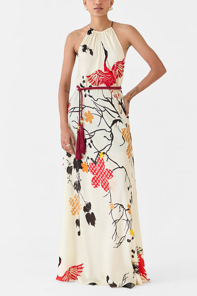 Cream shibori and bird printed dress