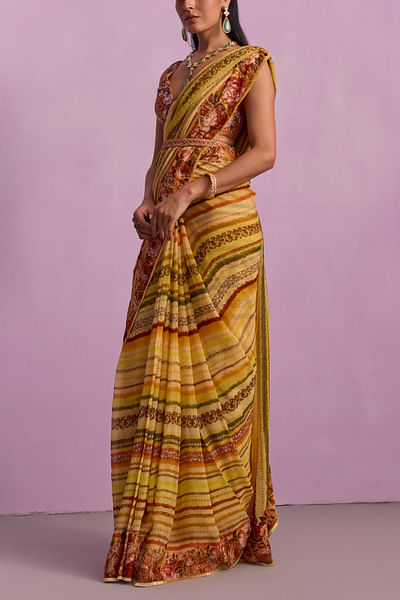 Cream stripe and floral printed sari set