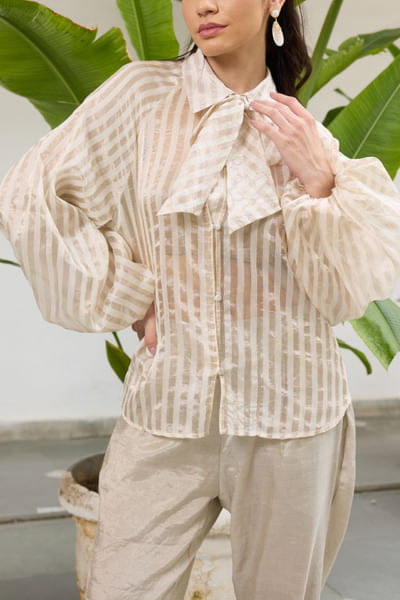 Cream white woven chanderi striped shirt