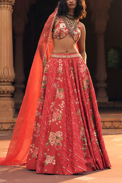 Crimson floral and leheriya printed lehenga set