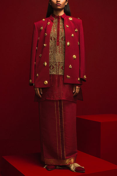 Crimson mascot embellished jacket kurta set
