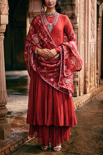 Crimson red anarkali and skirt set