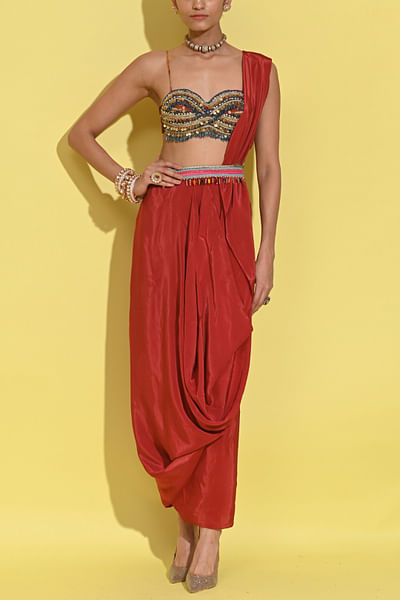 Crimson red blouse and drape skirt