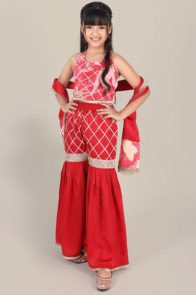 Crimson red criss-cross gota work sharara set