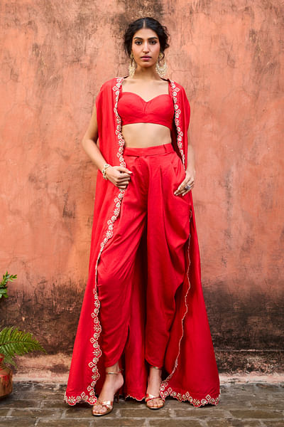 Crimson red dabka embroidered cape set