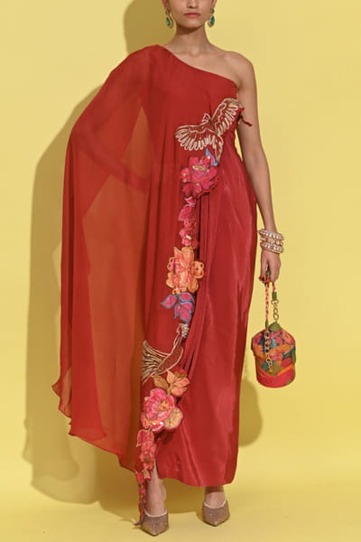 Crimson red embroidered cape and pants