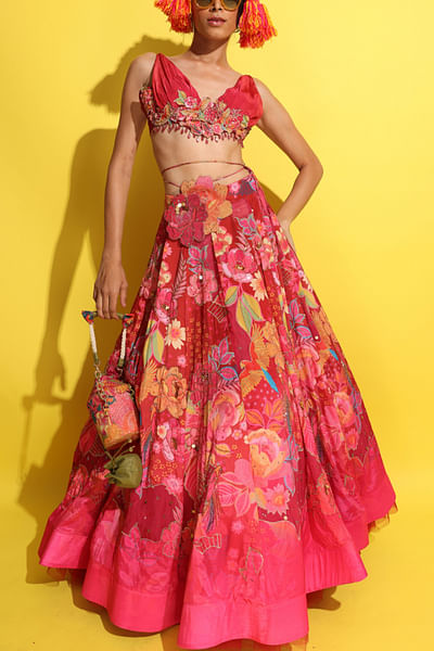 Crimson red embroidered lehenga set