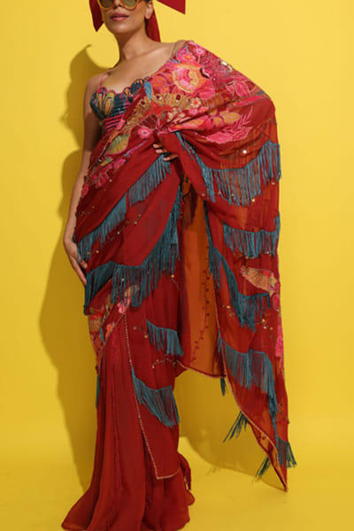 Crimson red embroidered sari set